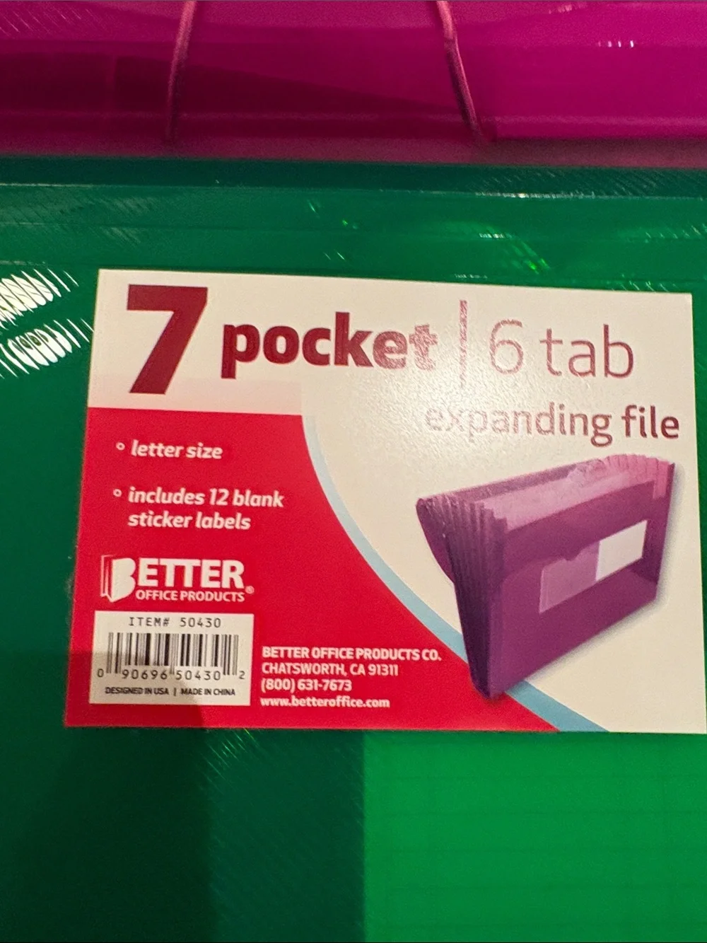 SET OF THREE 7-Pocket Expanding Files - Blue, Pink & Green NWT